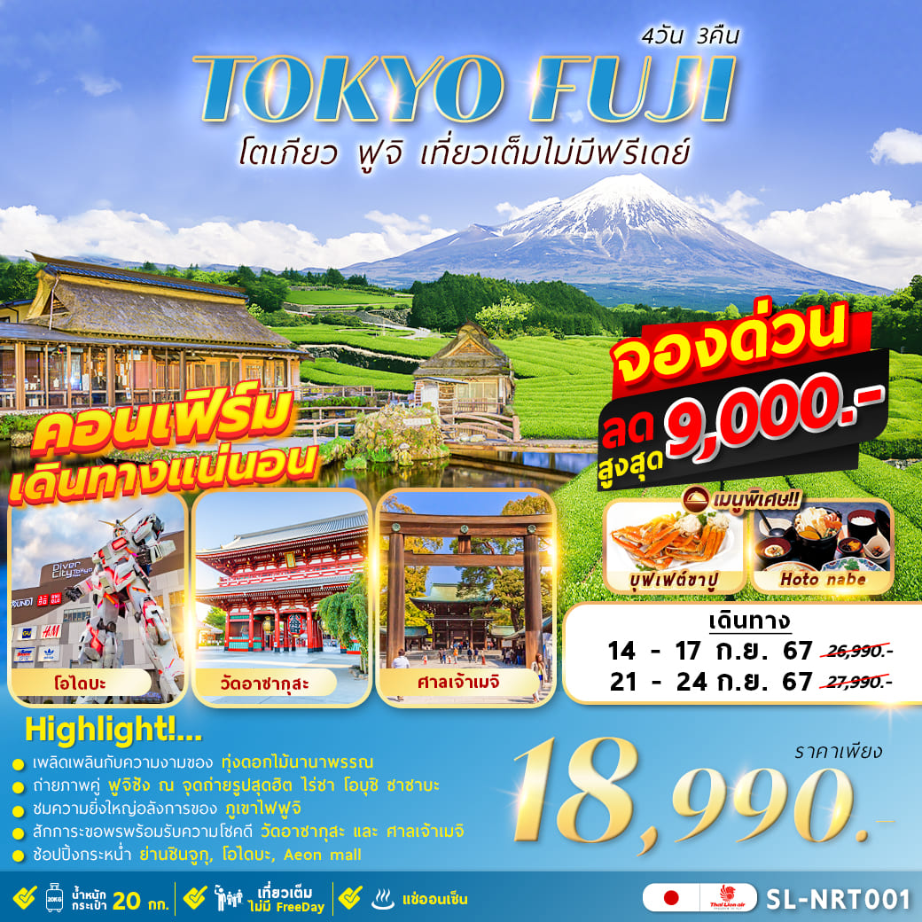 ทัวร์ญี่ปุ่น TOKYO FUJI เที่ยวเต็มไม่มีอิสระ 4วัน 3คืน (SL)