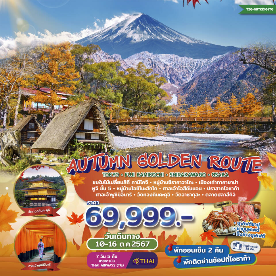 ทัวร์ญี่ปุ่น Autumn Golden Route Tokyo Fuji Kamikochi Shirakawago Osaka 7วัน 5คืน (TG)